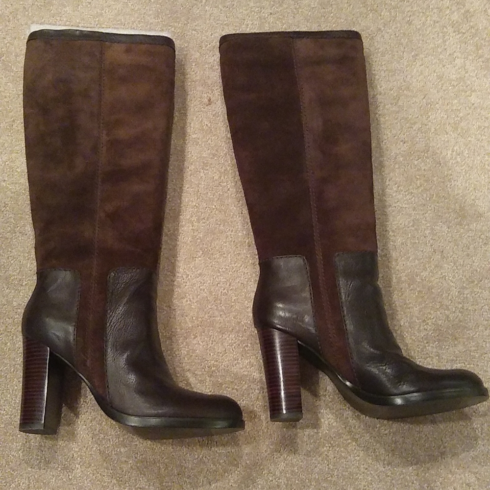 Nine West brown leather and suede tall boots new 9m Side Zip Statement Boots